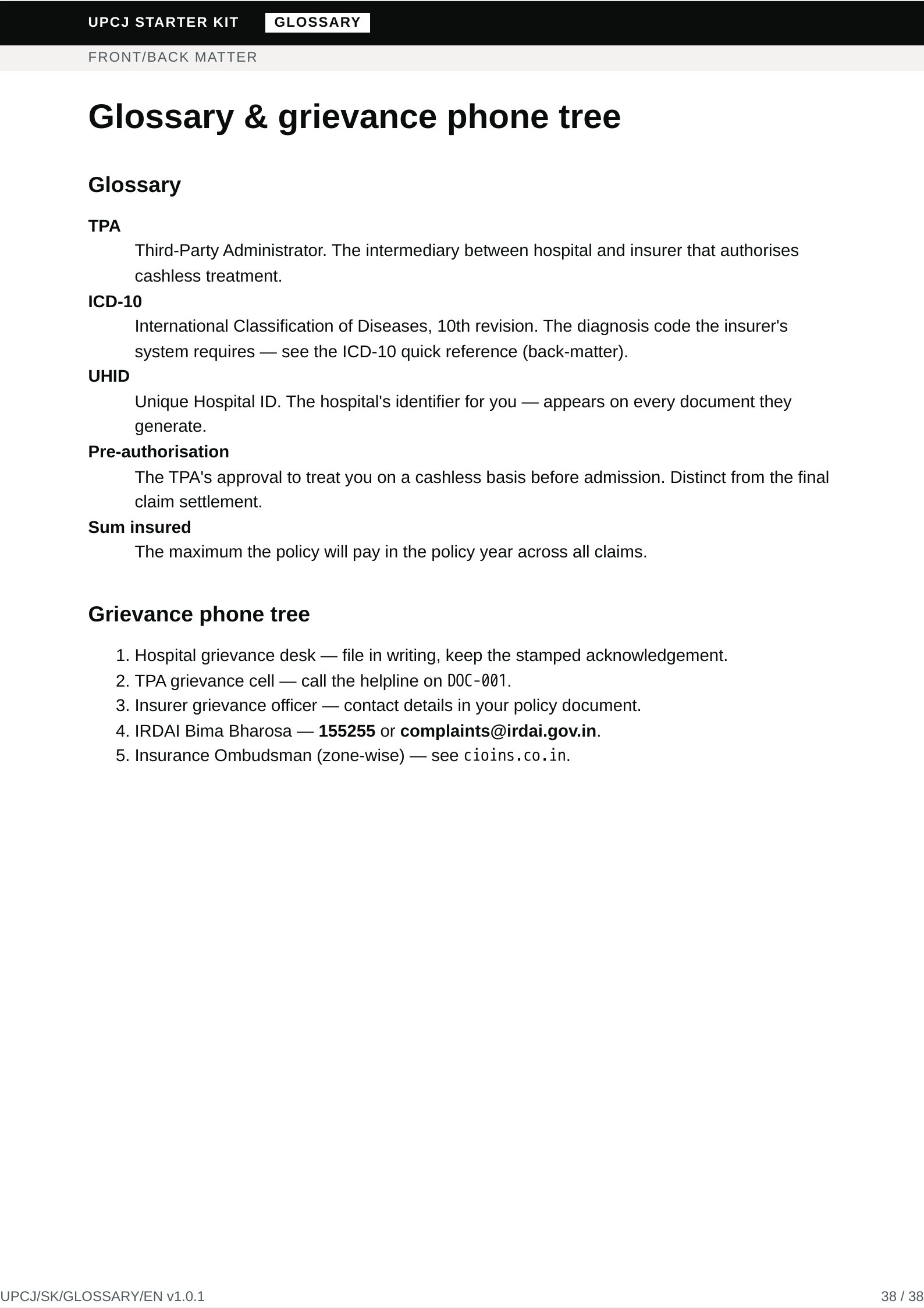 Glossary and grievance phone tree