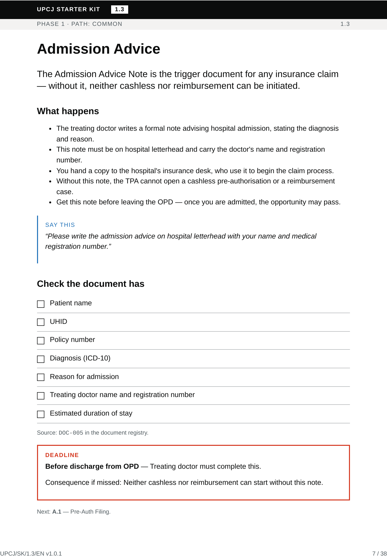 Guide page — Admission Advice with red deadline block and Say this script