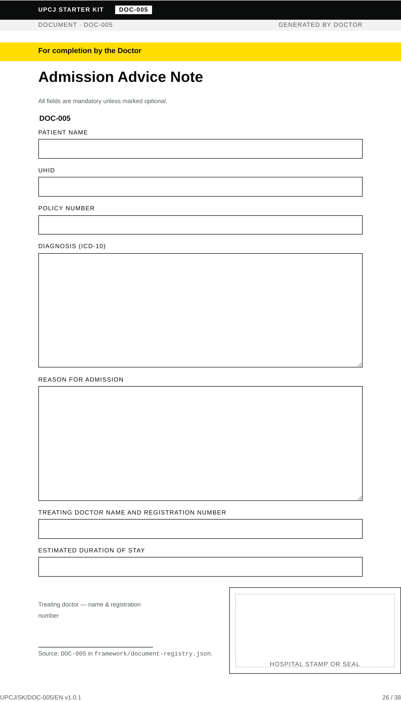 Template page — Admission Advice Note with named form fields, signature rule, and stamp box